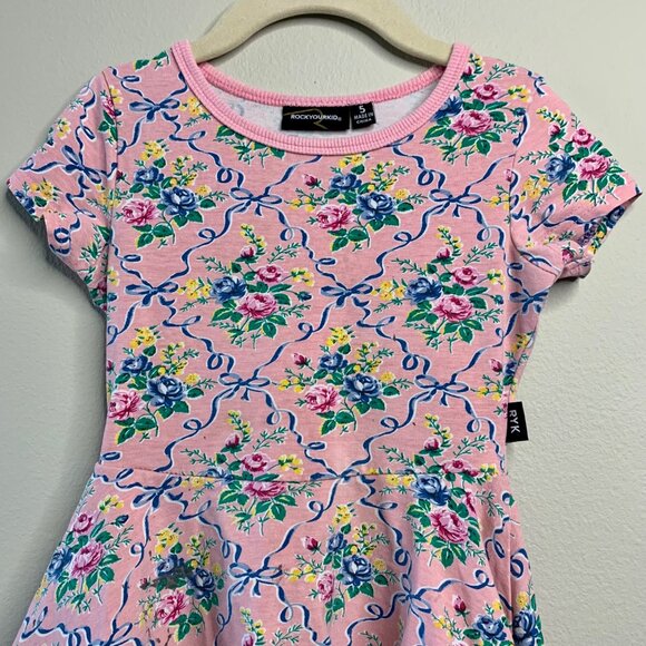 ROCK YOUR BABY Floral Peplum Dress Girls 5 5T Girl Pink Bows Flower Bouquets Kid - Picture 3 of 9